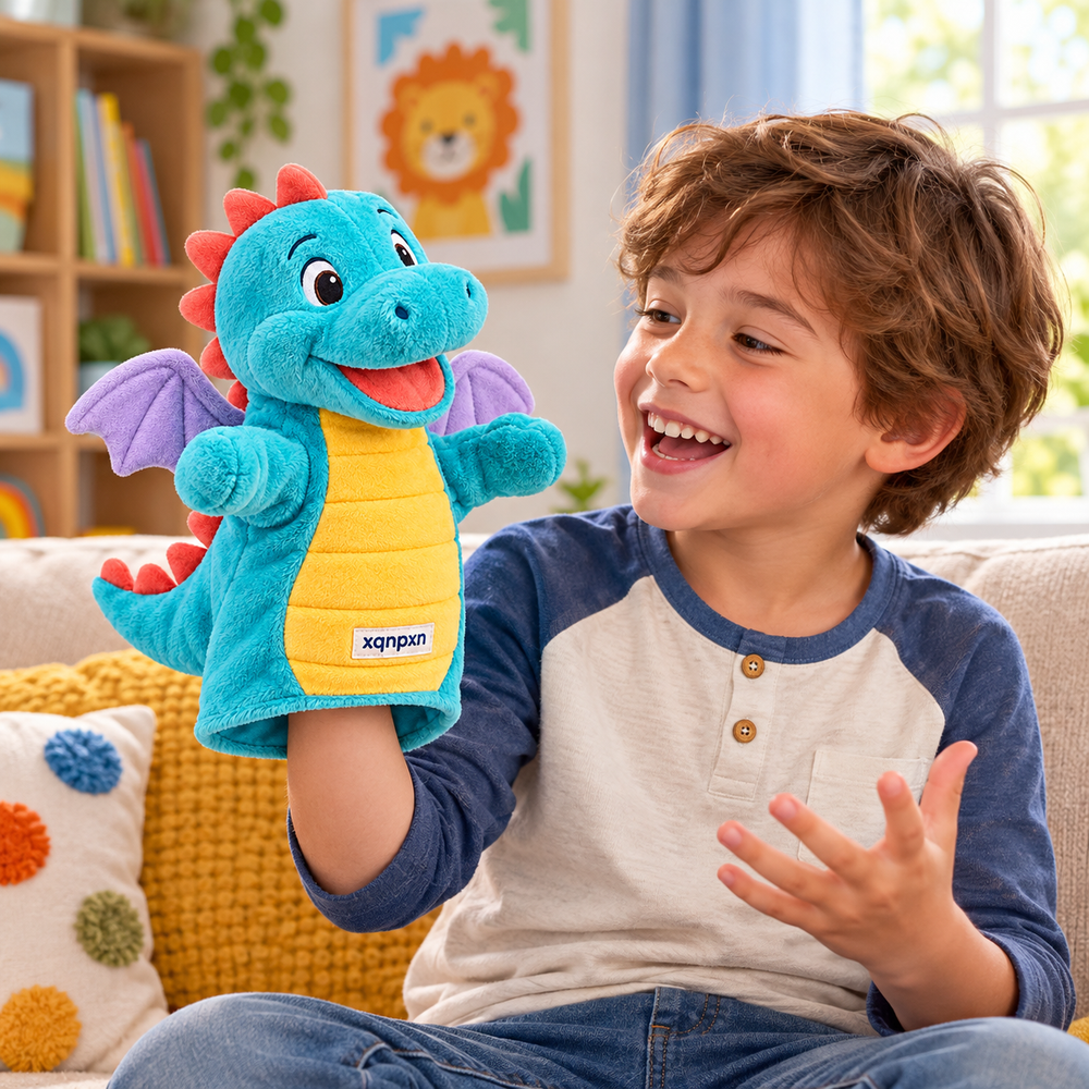 Story Spark Dragon Hand Puppet in a play scene